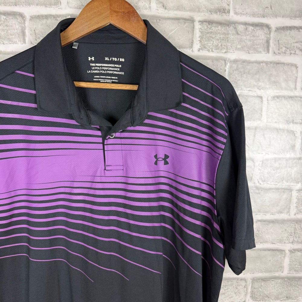 Under Armour Mens XL The Performance Polo Black Purple Stripe Golf Shirt Loose